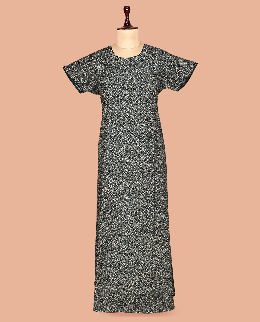 Green Floral Cotton-Blended Nighty