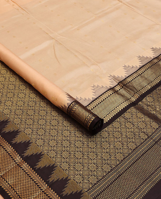 Sandal nine-yard silksaree with zari buttas,contrast thazampoo reku border of ara bogudi,muthu & ara maadam & jaal pallu