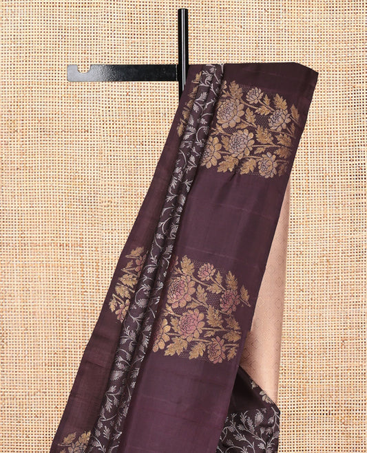 Brown Parampara Silk Saree, Featuring Floral Jaal Jacquard Design, a Zari Border of Floral Designs, Contrast Jaal Pallu, and a Contrast Blouse