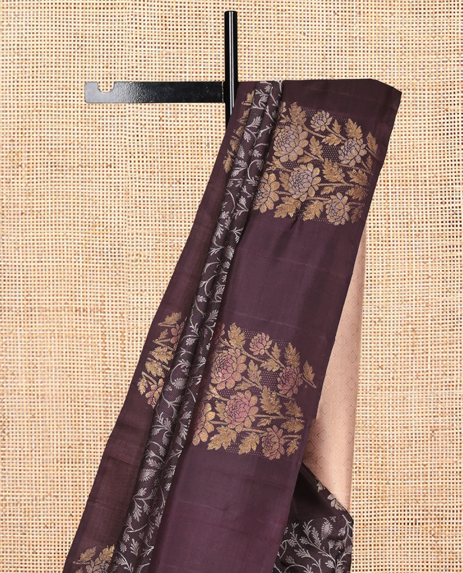 Brown Parampara Silk Saree, Featuring Floral Jaal Jacquard Design, a Zari Border of Floral Designs, Contrast Jaal Pallu, and a Contrast Blouse