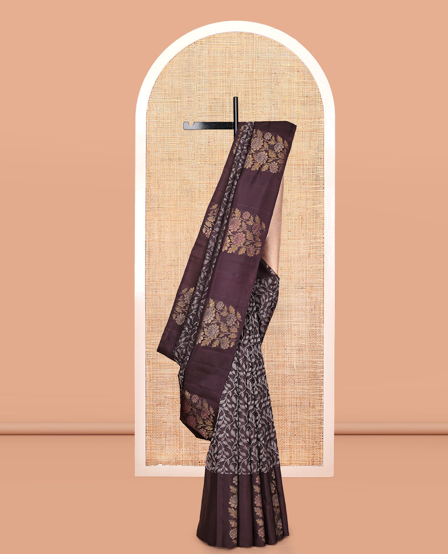 Brown Parampara Silk Saree, Featuring Floral Jaal Jacquard Design, a Zari Border of Floral Designs, Contrast Jaal Pallu, and a Contrast Blouse