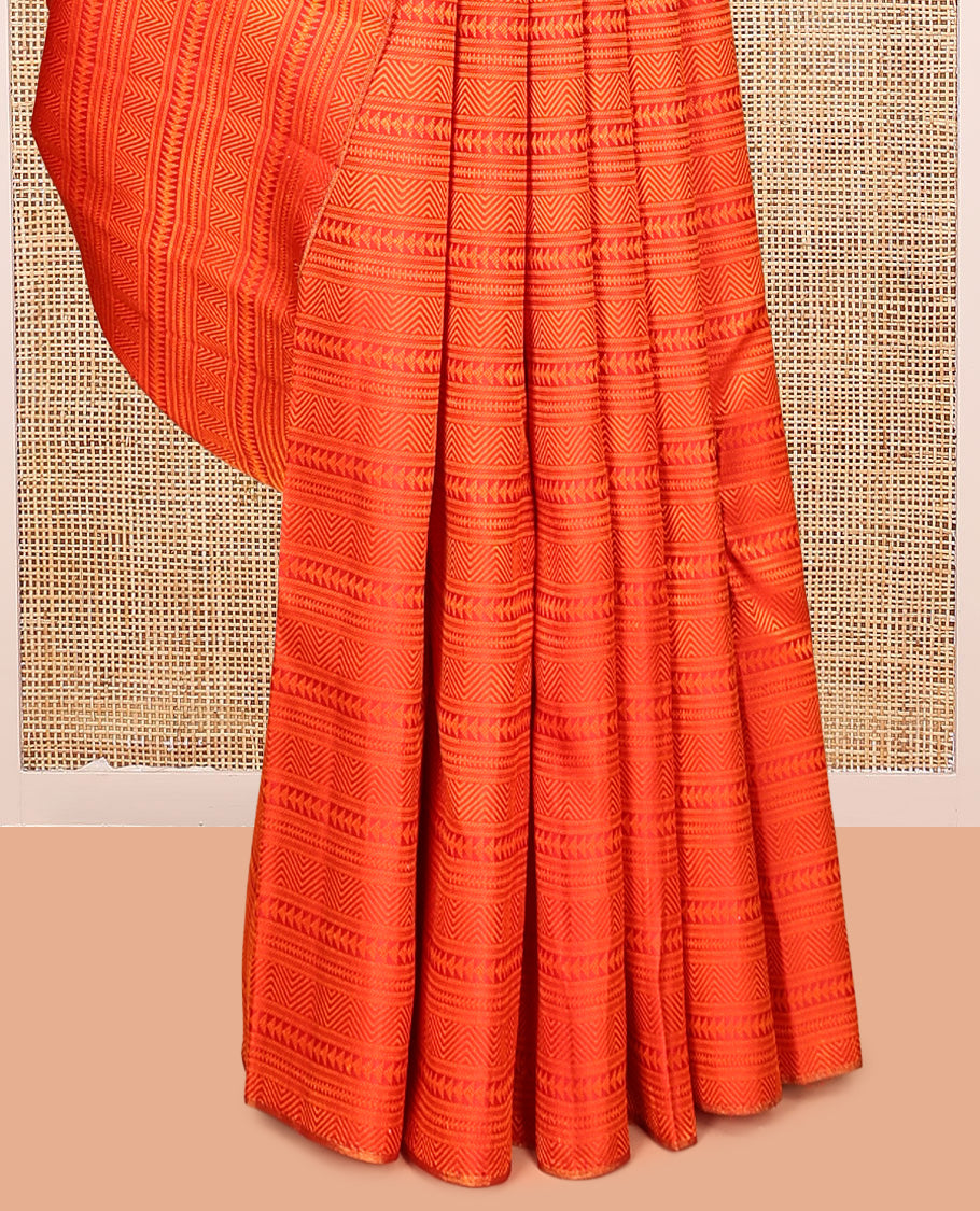 Borderless Orange Geometric Embossed Kanchipuram Silk Saree, a Jaal Pallu, Matching Blouse