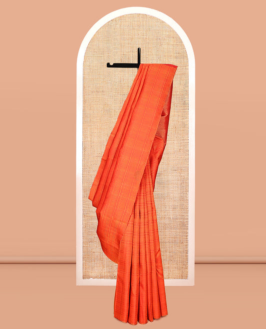 Borderless Orange Geometric Embossed Kanchipuram Silk Saree, a Jaal Pallu, Matching Blouse