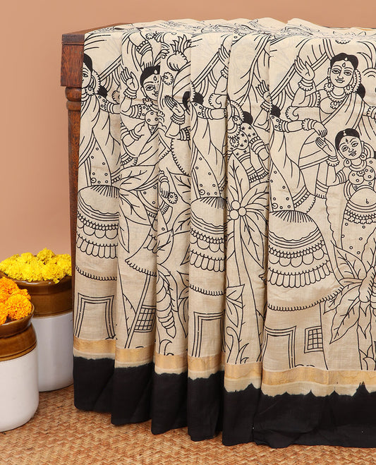 Cream and black pichwai printed chennur silk saree