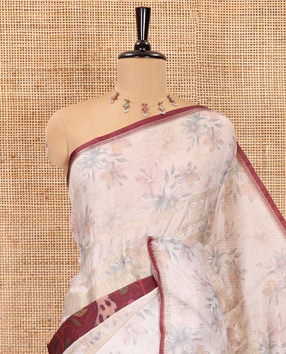 Maroon animal motifs printed Moss crush saree, piping border, animal motifs printed pallu, and contrast printed blouse