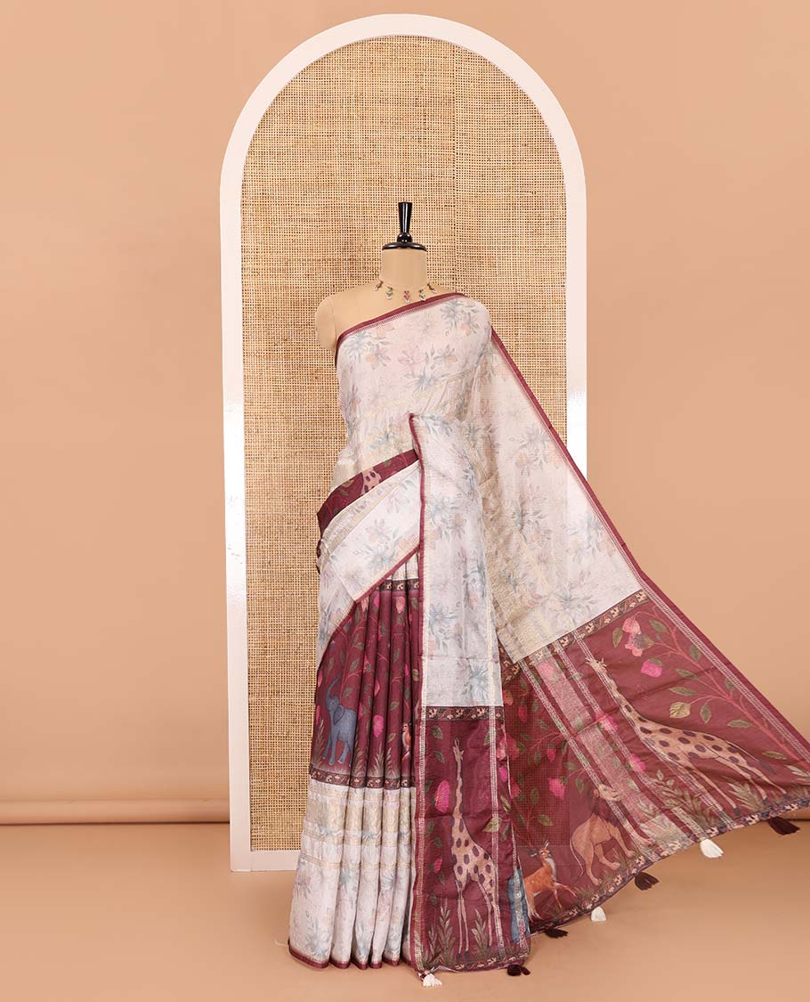 Maroon animal motifs printed Moss crush saree, piping border, animal motifs printed pallu, and contrast printed blouse