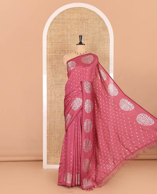 Onion pink plus buttas woven Vichitra silk saree, kalpavriksha tree motifs woven on its border, self-pallu, and no blouse
