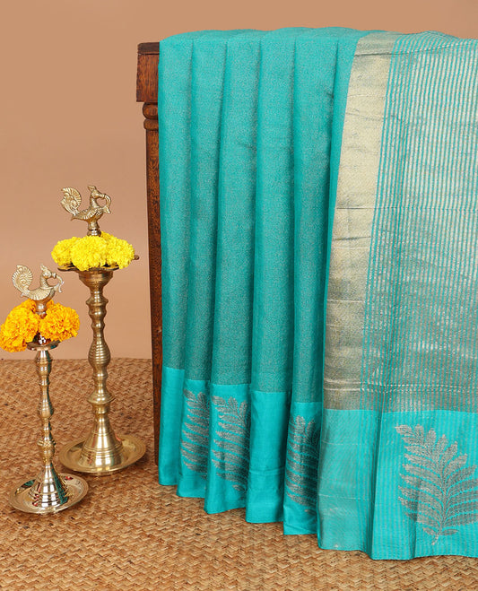 Rama color gold zari lines banarasi cotton saree with gold zari leaf designb order & cheer pallu along with striped blouse