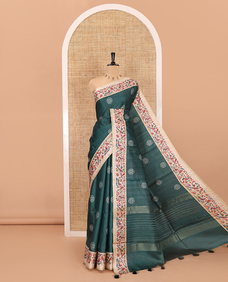 Green zari buttas and bandhani dotted fancy tussar saree, contrast floral and bird printed border, striped pallu, and a matching blouse