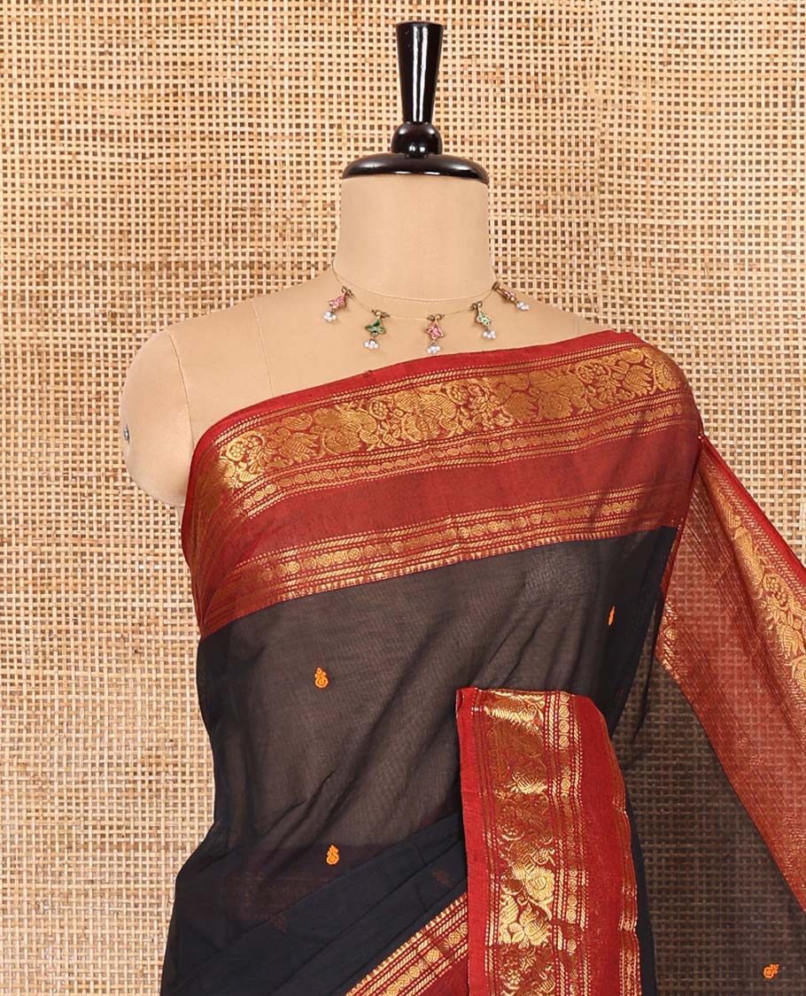 Black thread buttas Chettinad cotton saree, contrast traditional design rettai pettu border, striped pallu, and a matching blouse