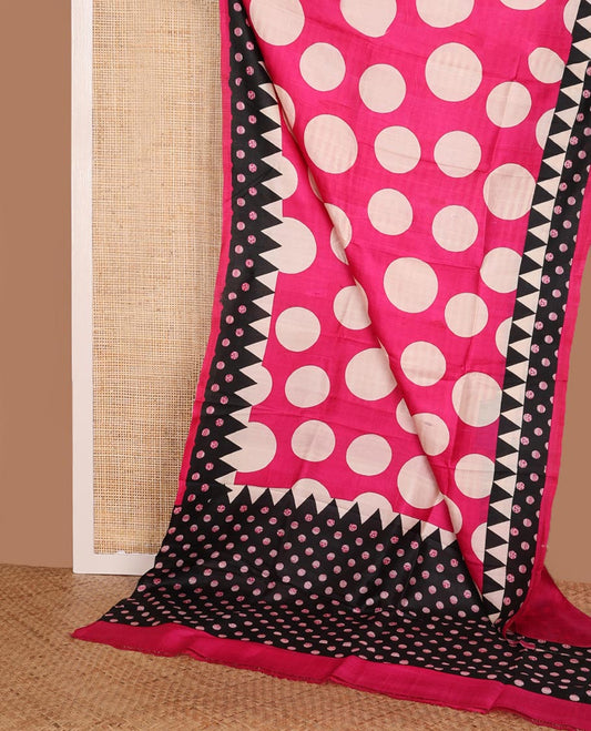 Hot pink big polka dots printed silk saree, contrast printed border & pallu steeped with temple & polka dots