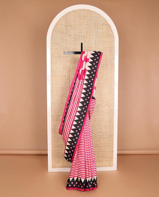 Hot pink big polka dots printed silk saree, contrast printed border & pallu steeped with temple & polka dots