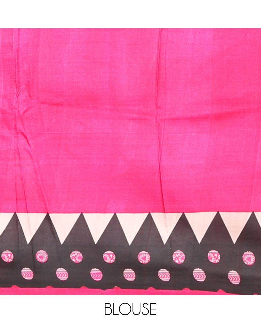Hot pink big polka dots printed silk saree, contrast printed border & pallu steeped with temple & polka dots