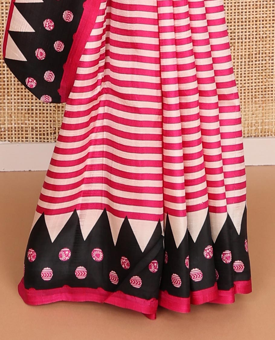 Hot pink big polka dots printed silk saree, contrast printed border & pallu steeped with temple & polka dots