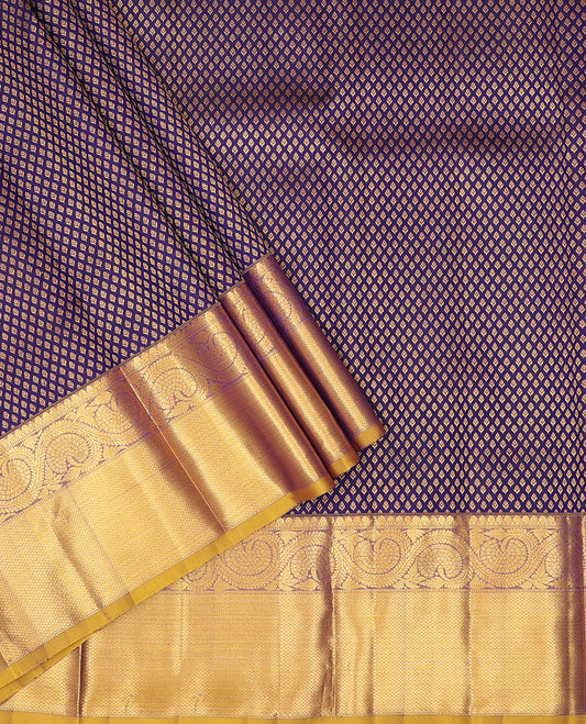 Blue zari buttas pure silk half-saree, contrast border & blouse of thilakam mokku,muthu,mayil kann & dhavana kodi design, intricate zari woven dhavani