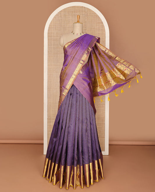Blue zari buttas pure silk half-saree, contrast border & blouse of thilakam mokku,muthu,mayil kann & dhavana kodi design, intricate zari woven dhavani