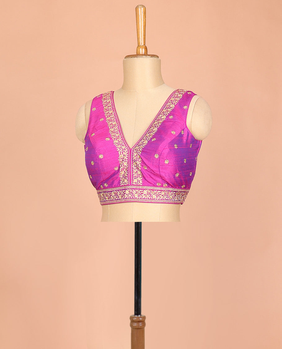 Purple golden thread embroidered front and back deep v-neck sleeveless raw-silk readymade blouse