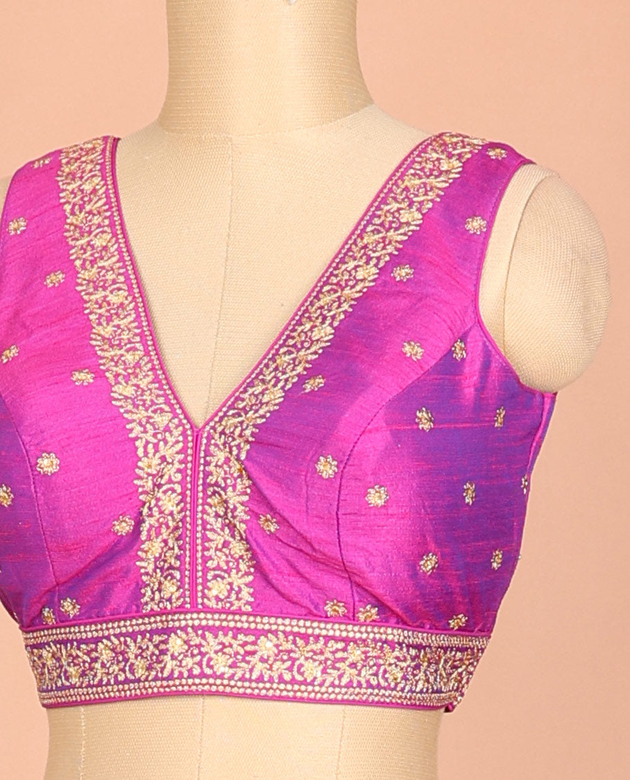 Purple golden thread embroidered front and back deep v-neck sleeveless raw-silk readymade blouse