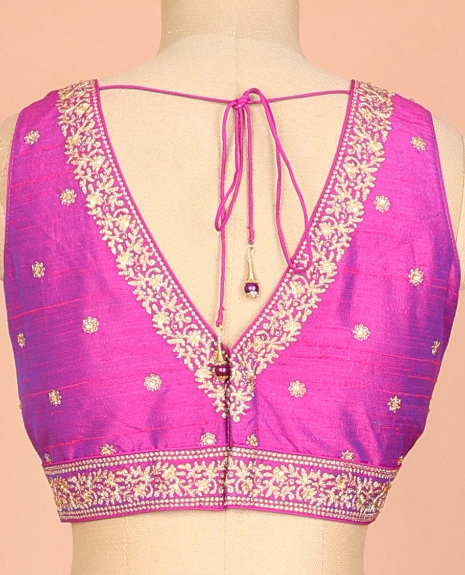 Purple golden thread embroidered front and back deep v-neck sleeveless raw-silk readymade blouse