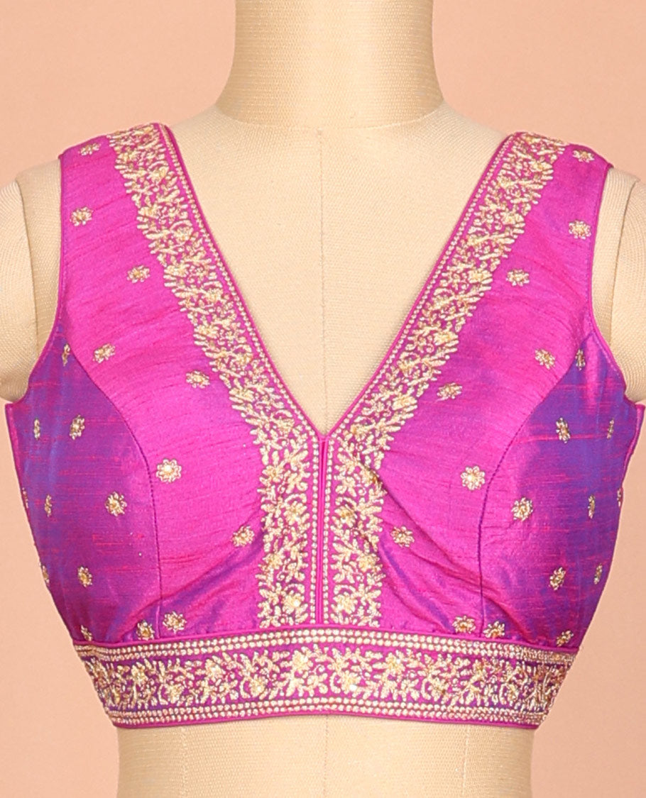 Purple golden thread embroidered front and back deep v-neck sleeveless raw-silk readymade blouse