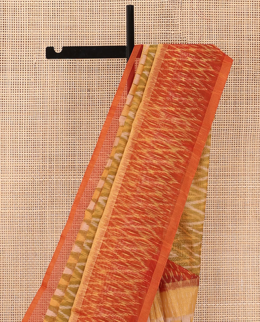 Green ikkat chevron design silk cotton saree, contrast zari bavanji border of ikkat jaal design, and pallu of jaal design