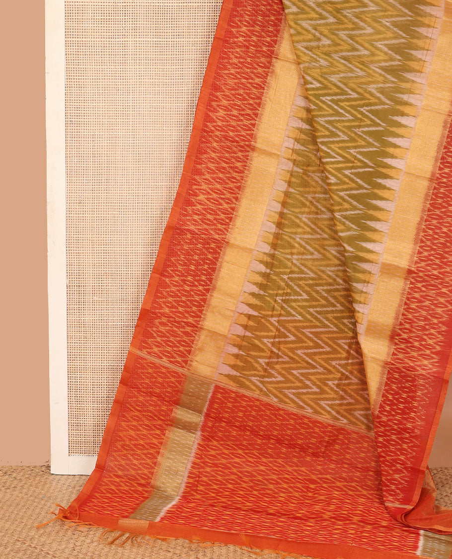 Green ikkat chevron design silk cotton saree, contrast zari bavanji border of ikkat jaal design, and pallu of jaal design