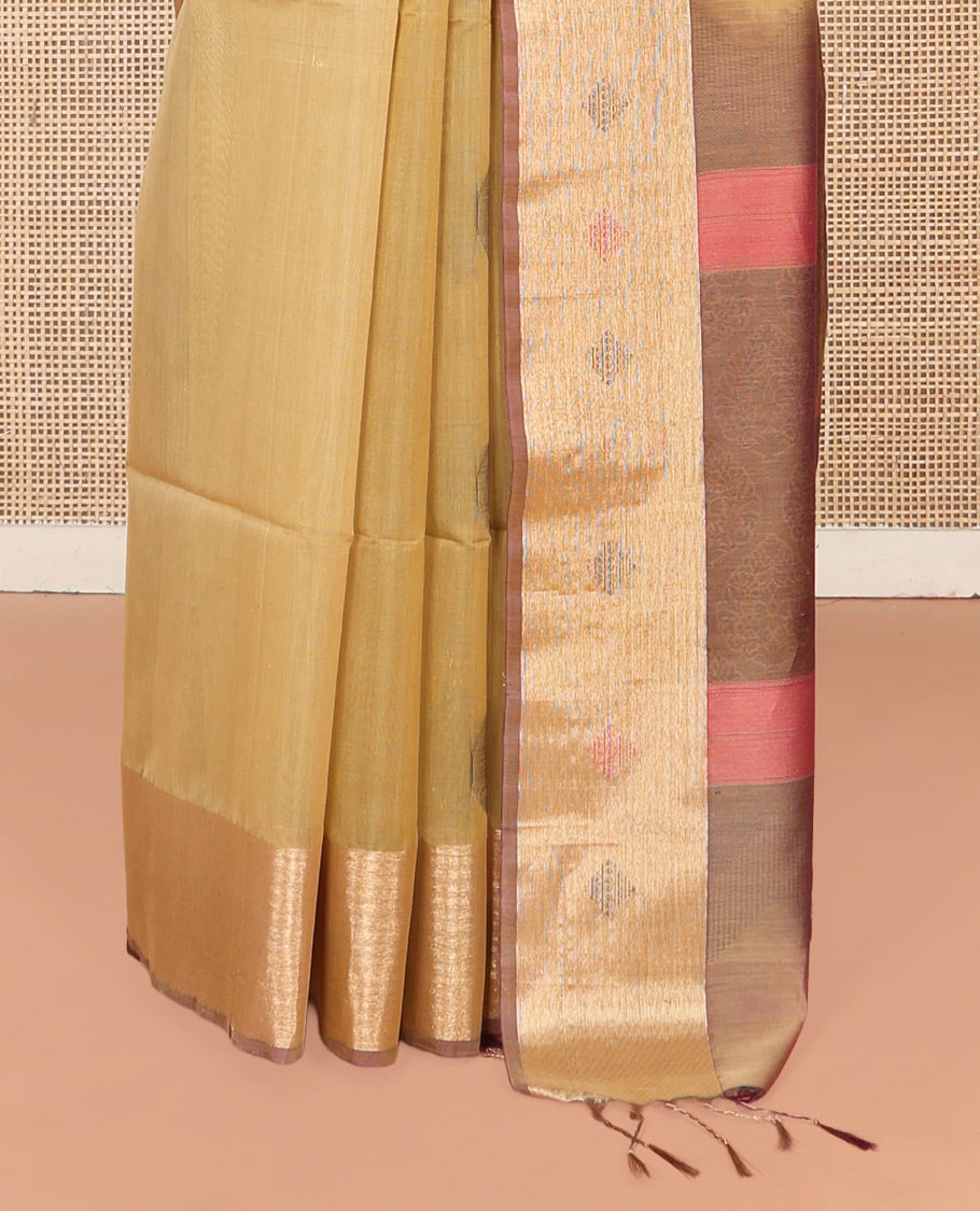 Sandal Silk Cotton Saree, Highlighted by Round Buttas All Over Its Body, Complemented by Contrast Border, Sparsely Woven Pallu, and Paired with a Contrast Blouse