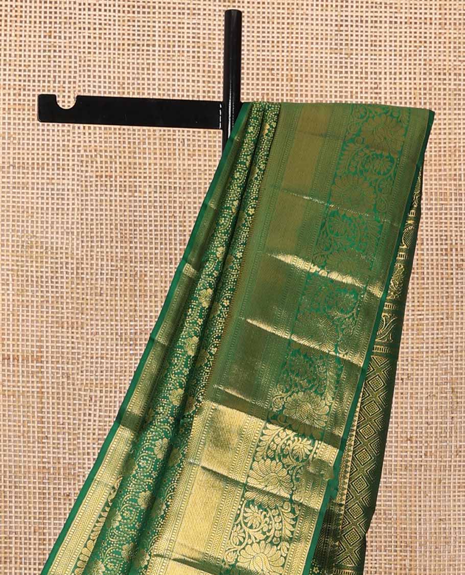 Green floral design silk saree with self border of thilakam mokku, banaras, kathir, kosi visiry design & zari design pallu