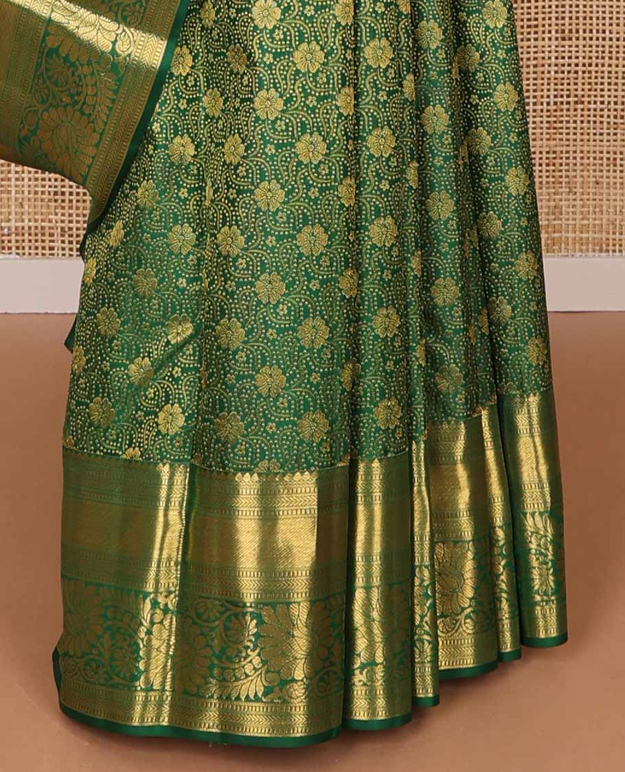 Green floral design silk saree with self border of thilakam mokku, banaras, kathir, kosi visiry design & zari design pallu