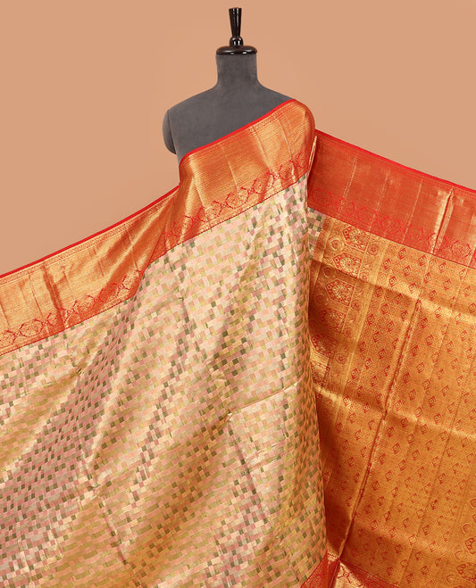 Peach checked silk saree, contrast border of thilakam mokku,muthu,banaras,floral,mayil kann & cross kamalam & jaal pallu