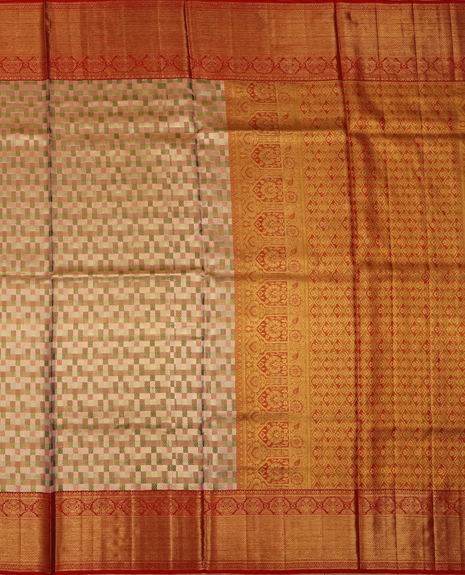 Peach checked silk saree, contrast border of thilakam mokku,muthu,banaras,floral,mayil kann & cross kamalam & jaal pallu
