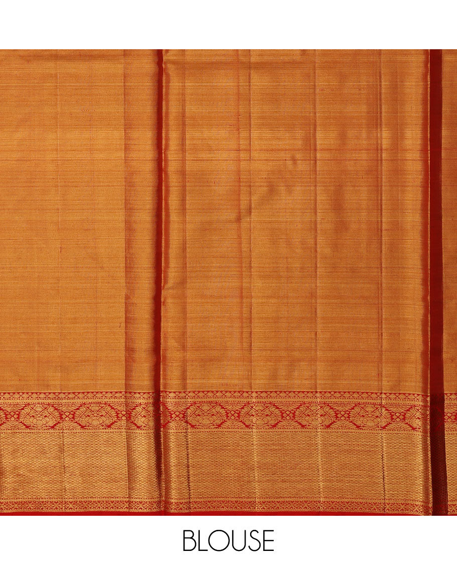 Peach checked silk saree, contrast border of thilakam mokku,muthu,banaras,floral,mayil kann & cross kamalam & jaal pallu