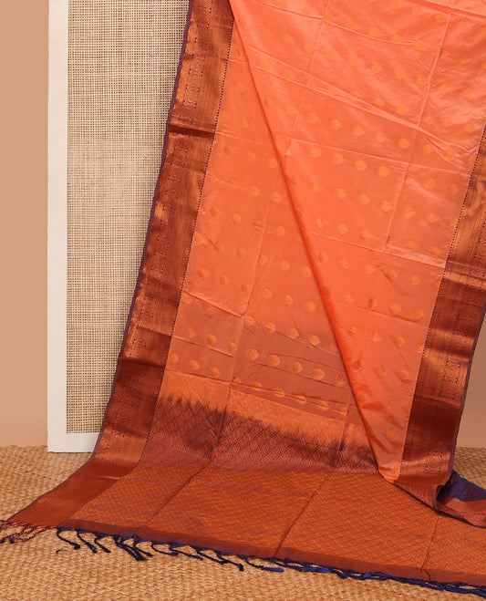 Orange semi-soft silk saree with zari buttas, contrast traditional motifs zari border & pallu of jaal design