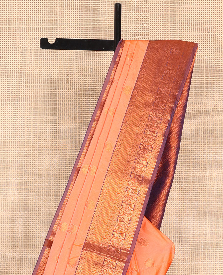 Orange semi-soft silk saree with zari buttas, contrast traditional motifs zari border & pallu of jaal design
