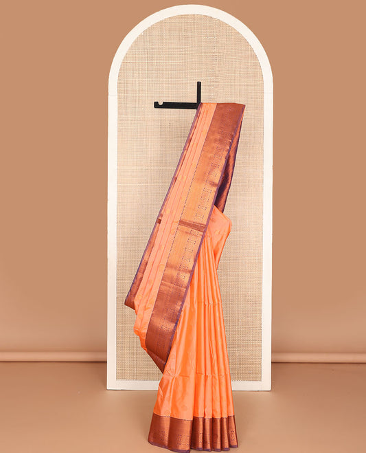 Orange semi-soft silk saree with zari buttas, contrast traditional motifs zari border & pallu of jaal design
