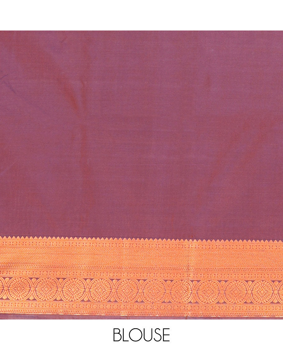 Orange semi-soft silk saree with zari buttas, contrast traditional motifs zari border & pallu of jaal design