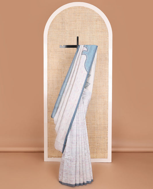 Off-white crushed-style floral printed & thread kantha embroidery work tissue silk saree, contrast plain border & floral printed pallu
