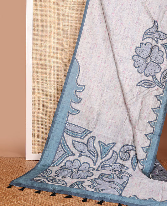 Off-white crushed-style floral printed & thread kantha embroidery work tissue silk saree, contrast plain border & floral printed pallu