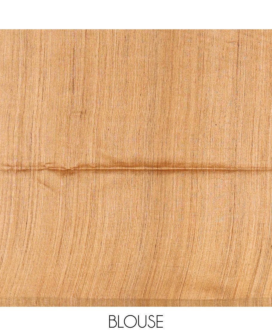 Green plain tussar silk saree, contrast temple border, and ikkat design pallu