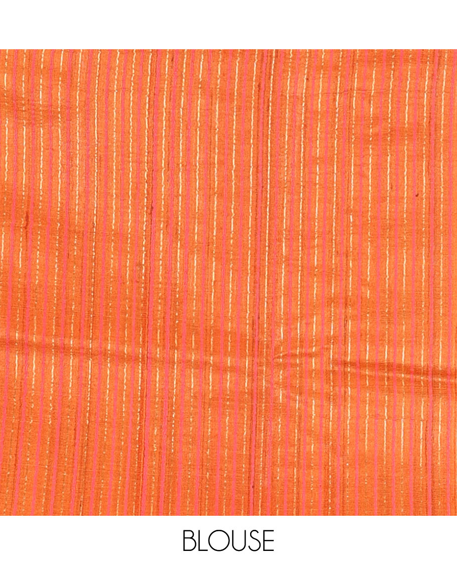 Borderless orange resham thread woven geometric motifs tussar silk saree with striped pallu