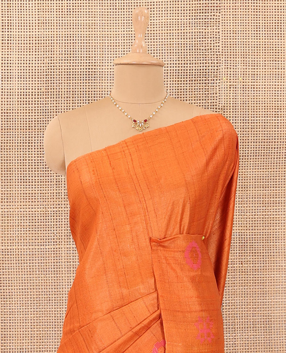 Borderless orange resham thread woven geometric motifs tussar silk saree with striped pallu
