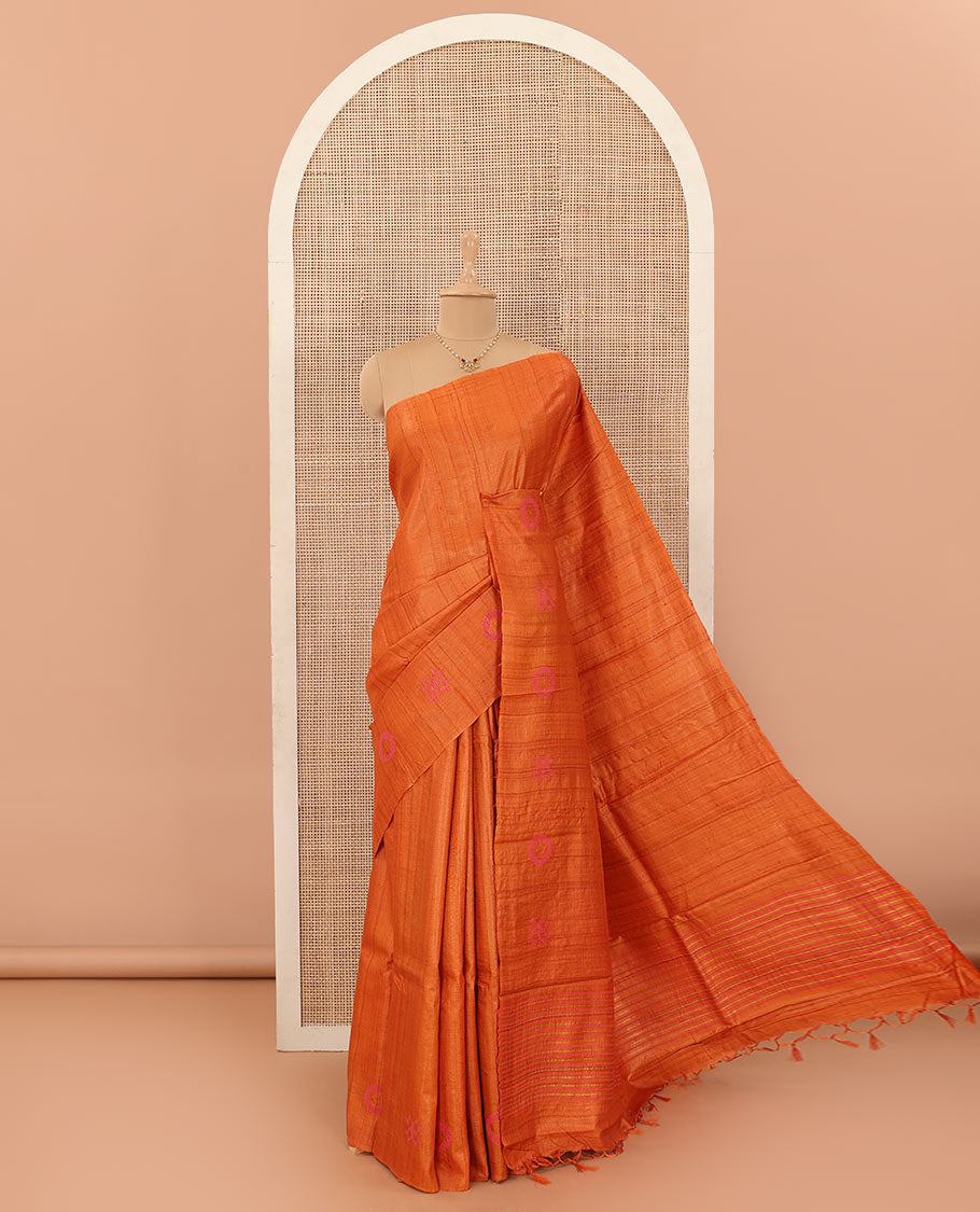 Borderless orange resham thread woven geometric motifs tussar silk saree with striped pallu