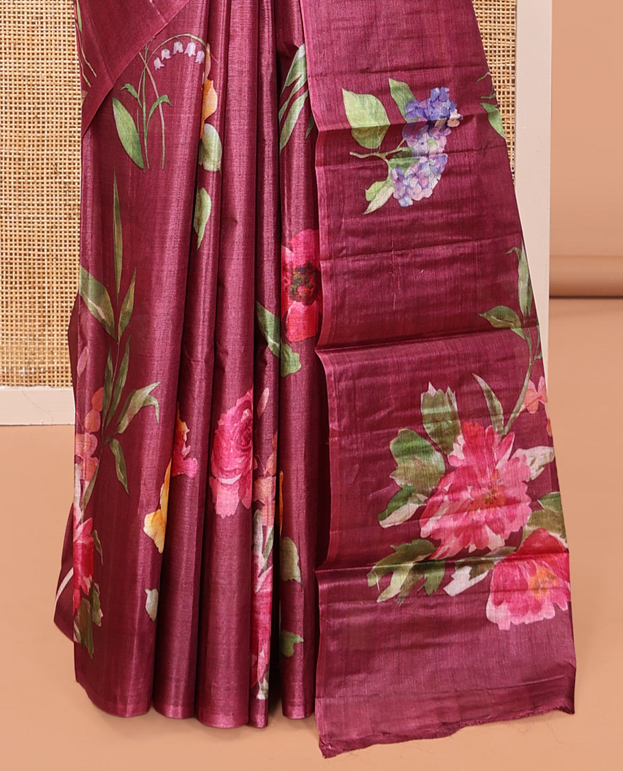 Borderless Wine Fancy Tussar Saree, Artfully Detailed with Floral Print, Floral Printed Pallu, and a Matching Blouse
