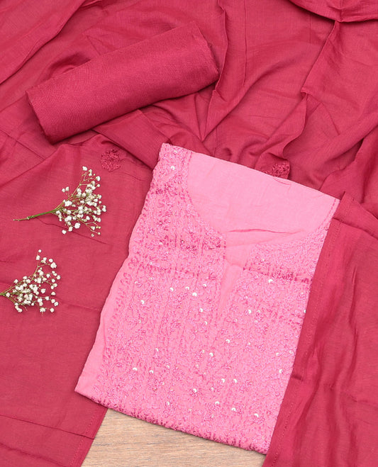 Pink Cotton Material Churidar Set, Delicately Designed with Sequined Thread Neck Work Top, a Contrast Plain Bottom, and Thread Dupatta
