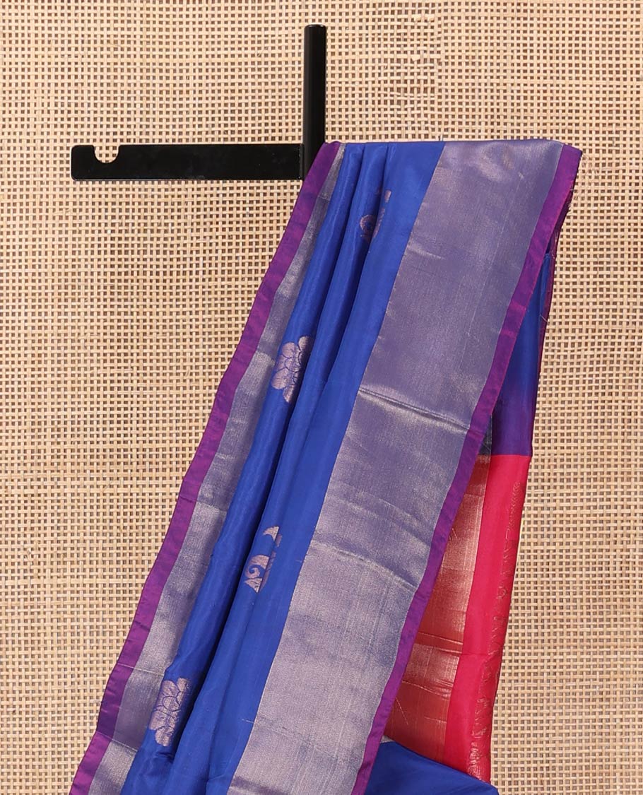 Royal blue zari buttas Uppada saree, contrast bavanji border, and jaal design pallu