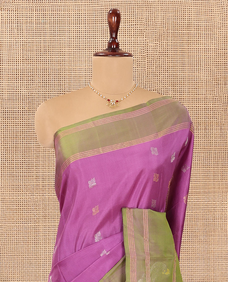 Pink Uppada Silk Saree Delicately Woven with Zari Buttas, Complemented by a Contrast Zari Border of Bird Designs, Contrast Pallu of Scallop Designs, and Paired with a Contrast Blouse