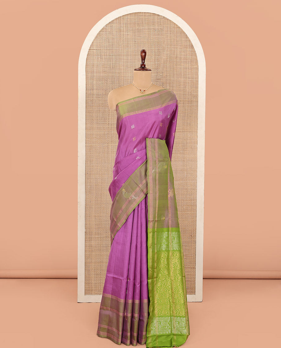 Pink Uppada Silk Saree Delicately Woven with Zari Buttas, Complemented by a Contrast Zari Border of Bird Designs, Contrast Pallu of Scallop Designs, and Paired with a Contrast Blouse