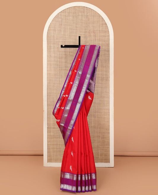 Red parrot buttas Venkatagiri silk saree, contrast rettai pettu traditional zari border, and pallu of jaal design