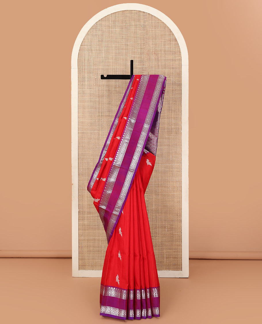 Red parrot buttas Venkatagiri silk saree, contrast rettai pettu traditional zari border, and pallu of jaal design