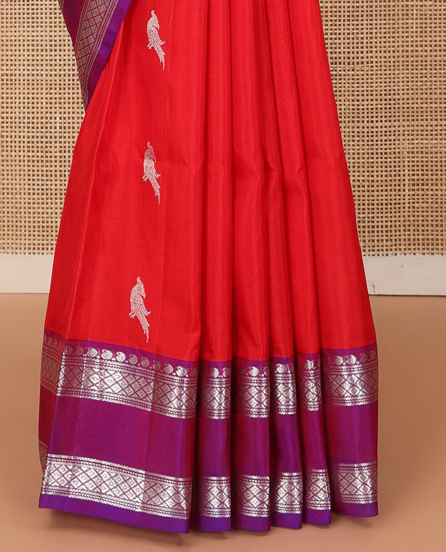 Red parrot buttas Venkatagiri silk saree, contrast rettai pettu traditional zari border, and pallu of jaal design